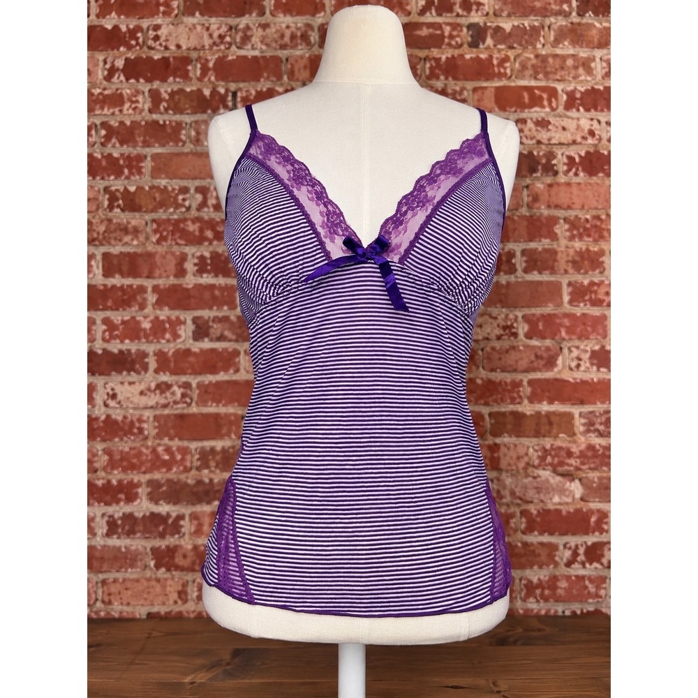 Y2K Purple Striped Lace Trim Camisole Tank Top Bow Coquette 2000s Dainty Girly